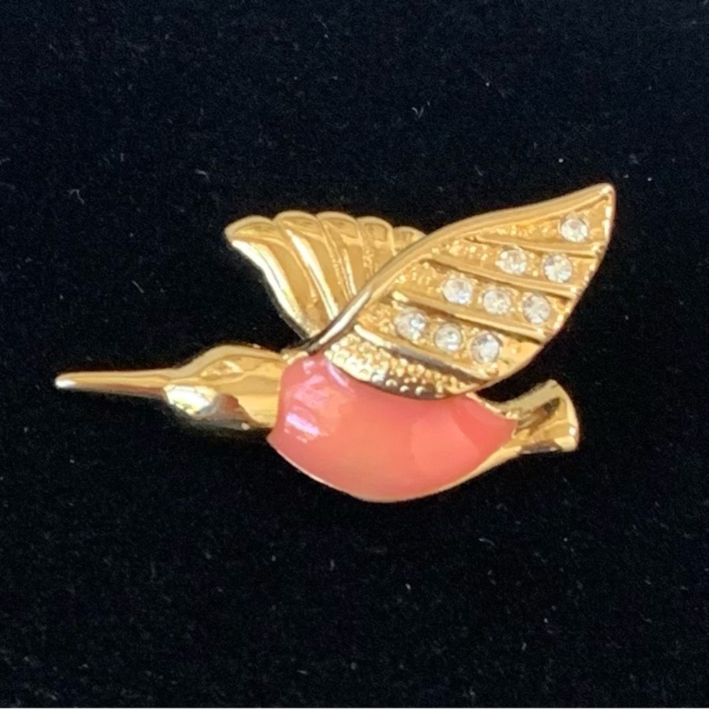 Hummingbird Brooch Pin Vintage Signed Roman, Coral Enamel, Rhinestone